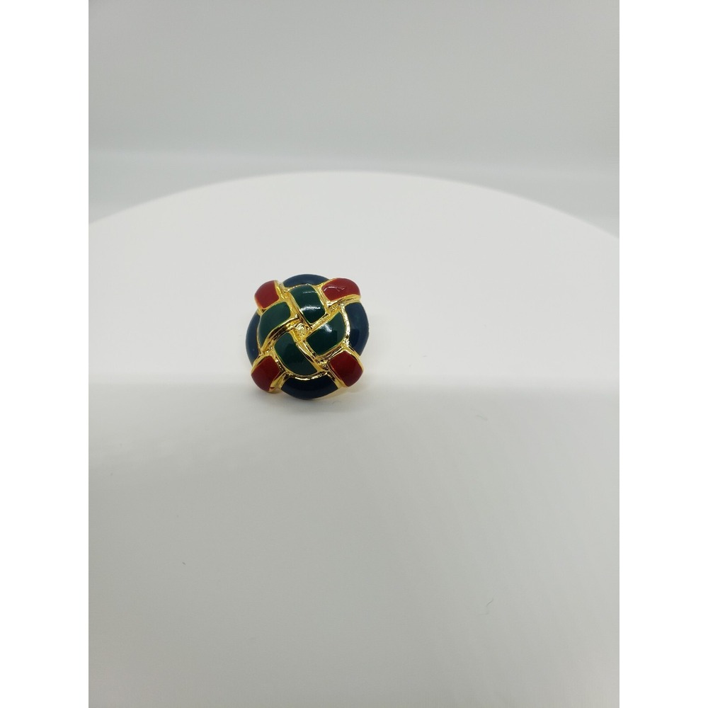Vintage Green Red Enameled Gold Tone Woven Style Round Stud Earrings Jewelry - Picture 6 of 8